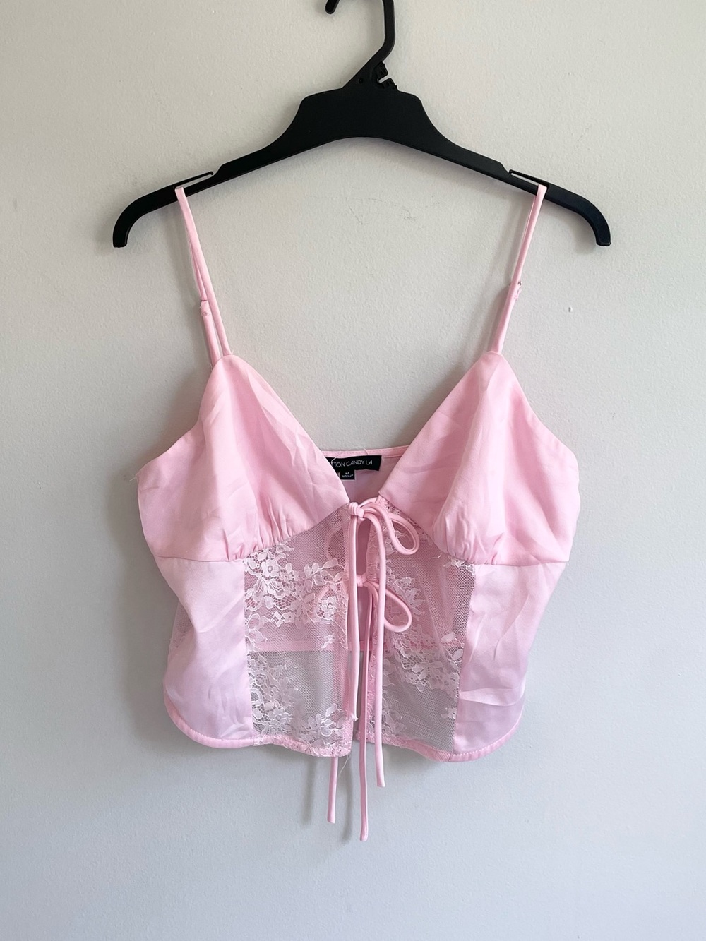 COTTON CANDY LIGHT PINK CAMISOLE TOP WHITE LACE DOUBLE TIE FRONT STRAPS